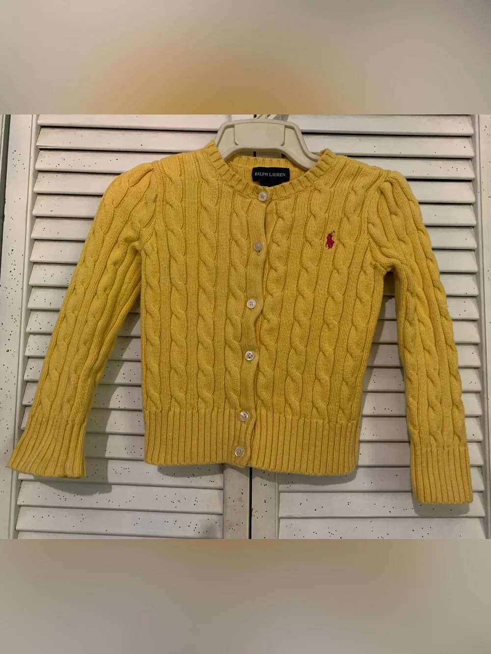 Ralph Lauren Mustard Yellow Cable-Knit Button Up Cardigan Pink Logo